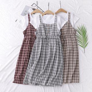 Set: Short-sleeve T-shirt + Plaid A-line Pinafore Dress