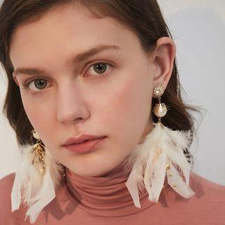 Faux Feather Fringed Earring 1 Pair - 925 Silver Stud - White - One Size
