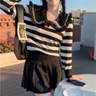 Long-sleeve Wide-collar Striped Knit Top