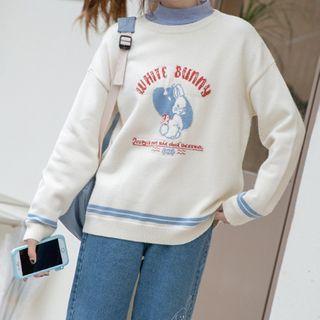 Round-neck Knitted Rabbit Printed Long Sleeve Top