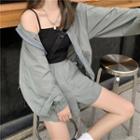 Long-sleeve Loose Fit Zipped Jacket / Plain Camisole / High-waist Loose Fit Plain Shorts