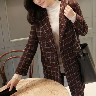 Notched-lapel One-button Plaid Coat