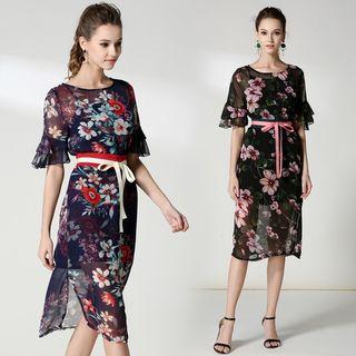 Bell-sleeve Gather-waist Floral Midi Dress