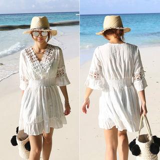 Smocked-waist Lace-trim Top Ivory - One Size