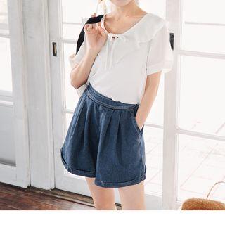 Banded Puff Pleat Pocketed Denim Shorts