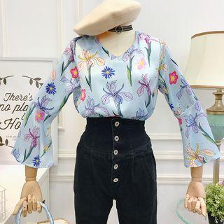 Flower-print V-neck Blouse