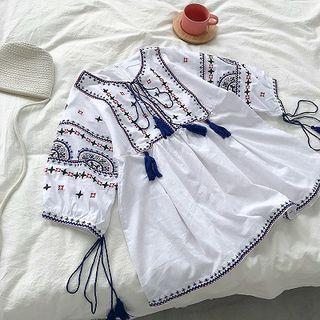 Embroidered Fringed Lace-up Top