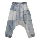 Elastic Waist Patchwork Cropped Baggy Jeans Blue - One Size