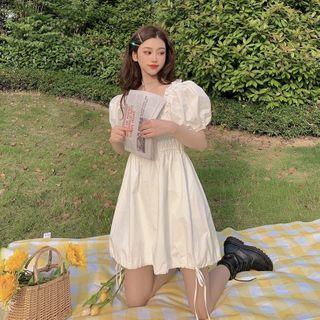 Square-neck Short-sleeve Mini A-line Dress White - One Size