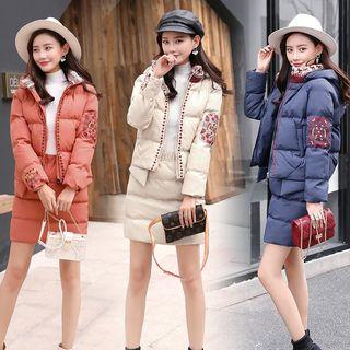 Set: Embroidered Trim Hooded Padded Jacket + Padded Skirt