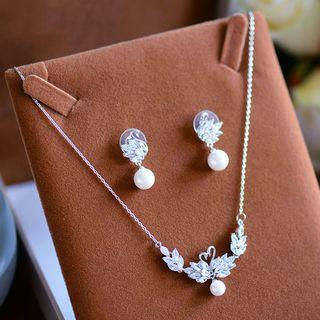 Wedding Set: Faux Pearl Rhinestone Swan Pendant Necklace + Earring
