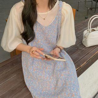 Puff-sleeve Top / Spaghetti Strap Floral Print Midi A-line Dress