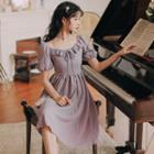 Puff-sleeve Tie-front Frill Trim A-line Dress