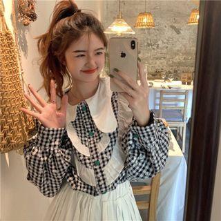 Peter Pan Collar Plaid Shirt Black - One Size