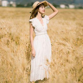 Sleeveless Ruffled Midi A-line Eyelet Lace Dress