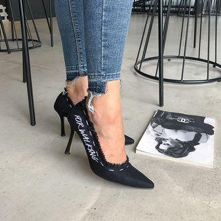 Text Stitched Fringed Stilettos