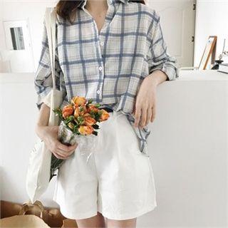 Drop-shoulder Plaid Shirt White - One Size