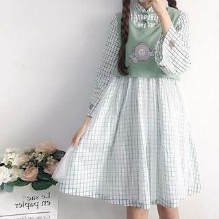 Mock Two-piece Plaid 3/4-sleeve A-line Dress