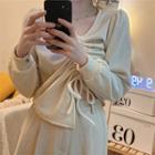 Long-sleeve Plain Drawstring Top Almond - One Size