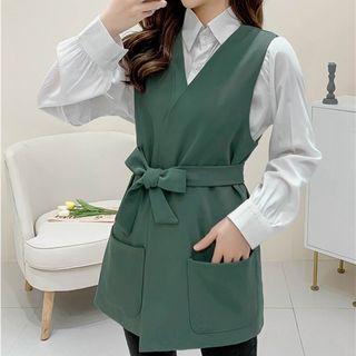 Long-sleeve Plain Shirt + Sleeveless Tie Waist Plain Dress