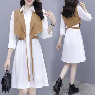 Set: 3/4-sleeve A-line Shirtdress + Tie-waist Vest