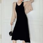 Plain V-neck Cardigan / Sleeveless Midi A-line Dress / Set