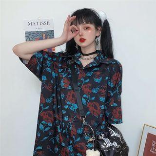Short-sleeve Floral Print Shirt Black & Red - One Size