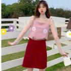 Spaghetti Strap Embroidered Top / Long-sleeve Mesh Top / A-line Mini Skirt