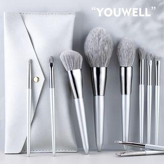 Set Of 10 : Makeup Brush + Pouch Set - Silver - One Size