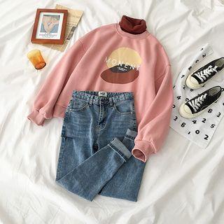 Printed Turtleneck Pullover Mauve Pink - One Size
