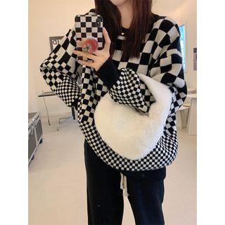 Round Neck Check Loose-fit Sweater Black & White - One Size
