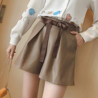Faux-leather Bow-accent Wide-leg Shorts