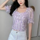 Puff-sleeve Floral Mesh Square-neck Blouse