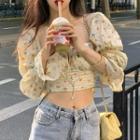 Long-sleeve Square-neck Floral Cropped Top
