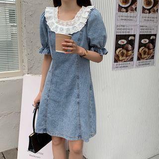 Puff-sleeve Collared Denim A-line Dress Denim Blue - One Size