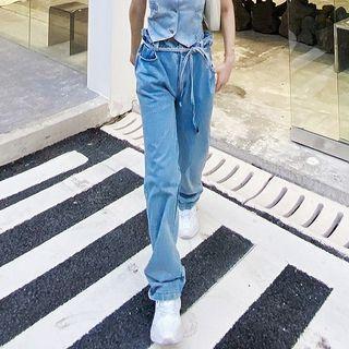 Tie-waist Washed Straight Leg Jeans