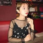 Set: Long Sleeve Mesh Top + Floral Print Spaghetti Strap Dress