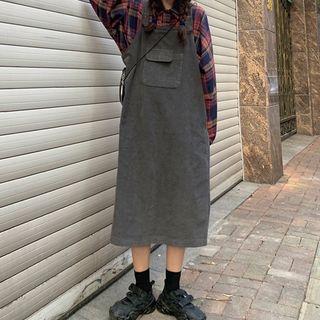 Lantern Sleeve Plaid Blouse / Plain Pinafore Dress