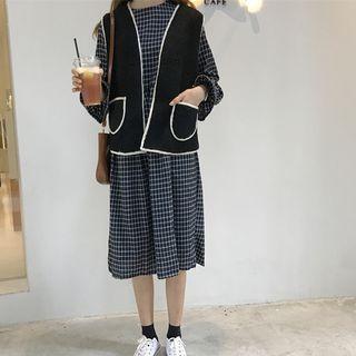 Set: Check A-line Dress + Fleece Vest