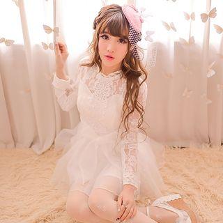 Lace Trim Long Sleeve Mini Mesh Dress
