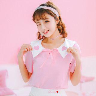 Heart Embroidered Collar Short-sleeve T-shirt