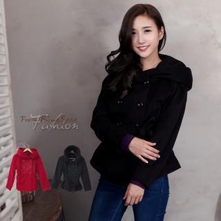 Double-breasted Waistband Hooded Woolen Jacket
