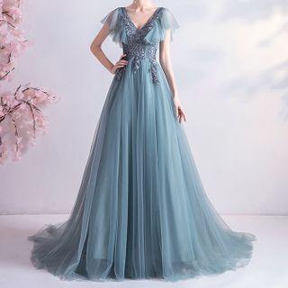 Floral Embroidered V-neck A-line Evening Gown