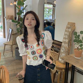 Puff-sleeve Square-neck Shirt White - One Size