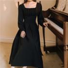 Square-neck Balloon-sleeve Shirred Midi A-line Dress