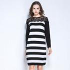 Long-sleeved Loose-fit Striped Panel Lace Sheath Dress
