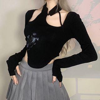 Long-sleeve Halter Print Cutout Crop Top