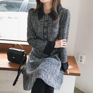 Buttoned A-line Tweed Dress Black - One Size