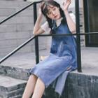 V-neck Double-pocket Denim Pinafore Dress