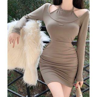 Long-sleeve Cold-shoulder Mini Sheath Dress Army Green - One Size